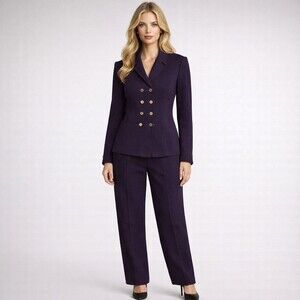 St. John Collecti Santana Knit Suit Jacket pants gold buttons size 4 Plum purple
